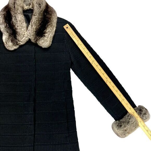 Grandi Faux Fur Trim Coat Women M Black Ribbed Classic Vintage 60s Luxury Jacket - Picture 14 of 16